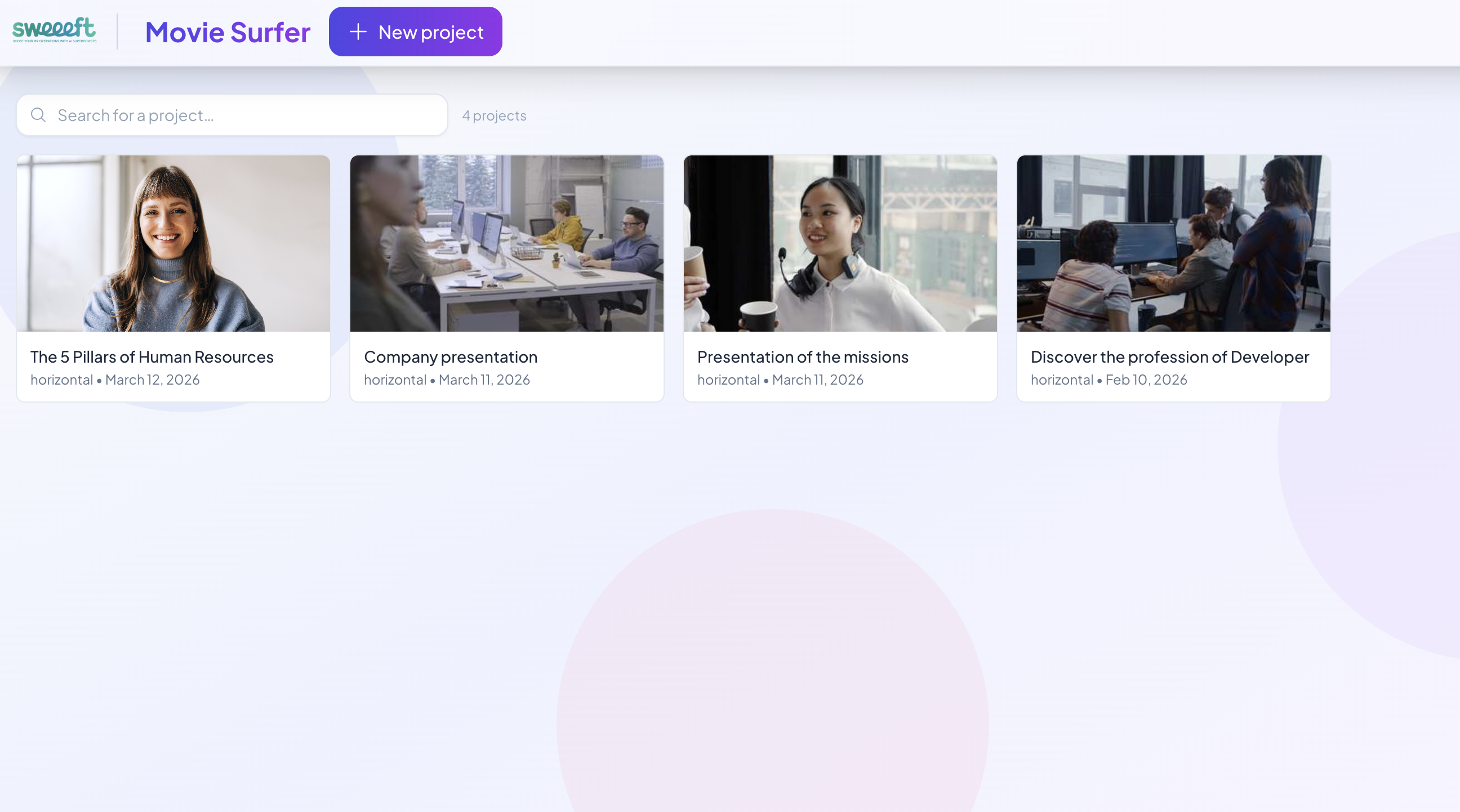 Movie Surfer — Projets vidéo avec aperçus et dates de création
