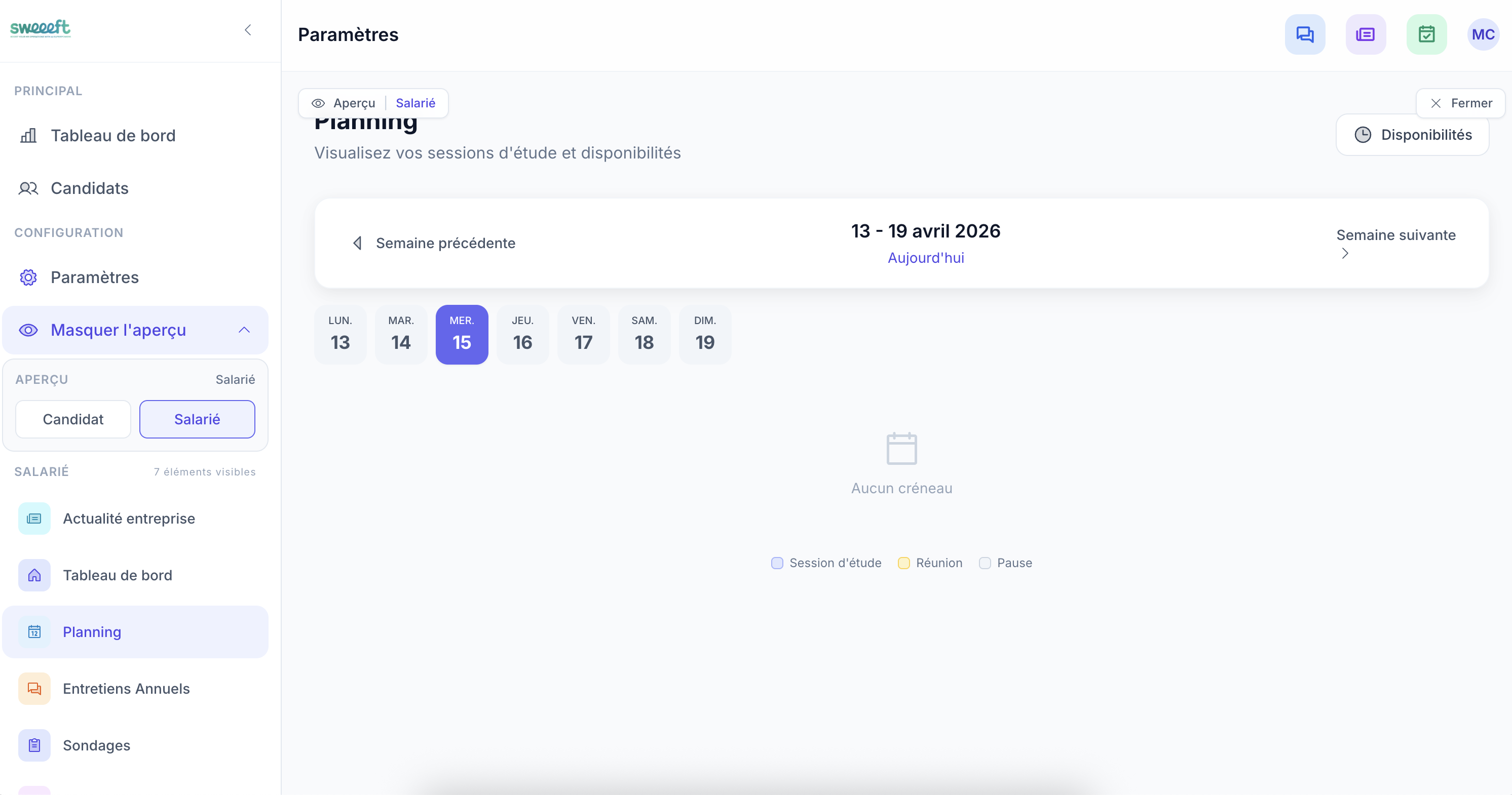 Modules self-service — Disponibilités, calendrier et gestion des absences