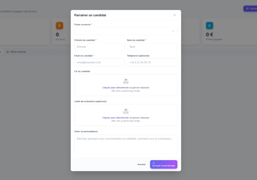 Programme de parrainage — Formulaire de cooptation avec CV et recommandation