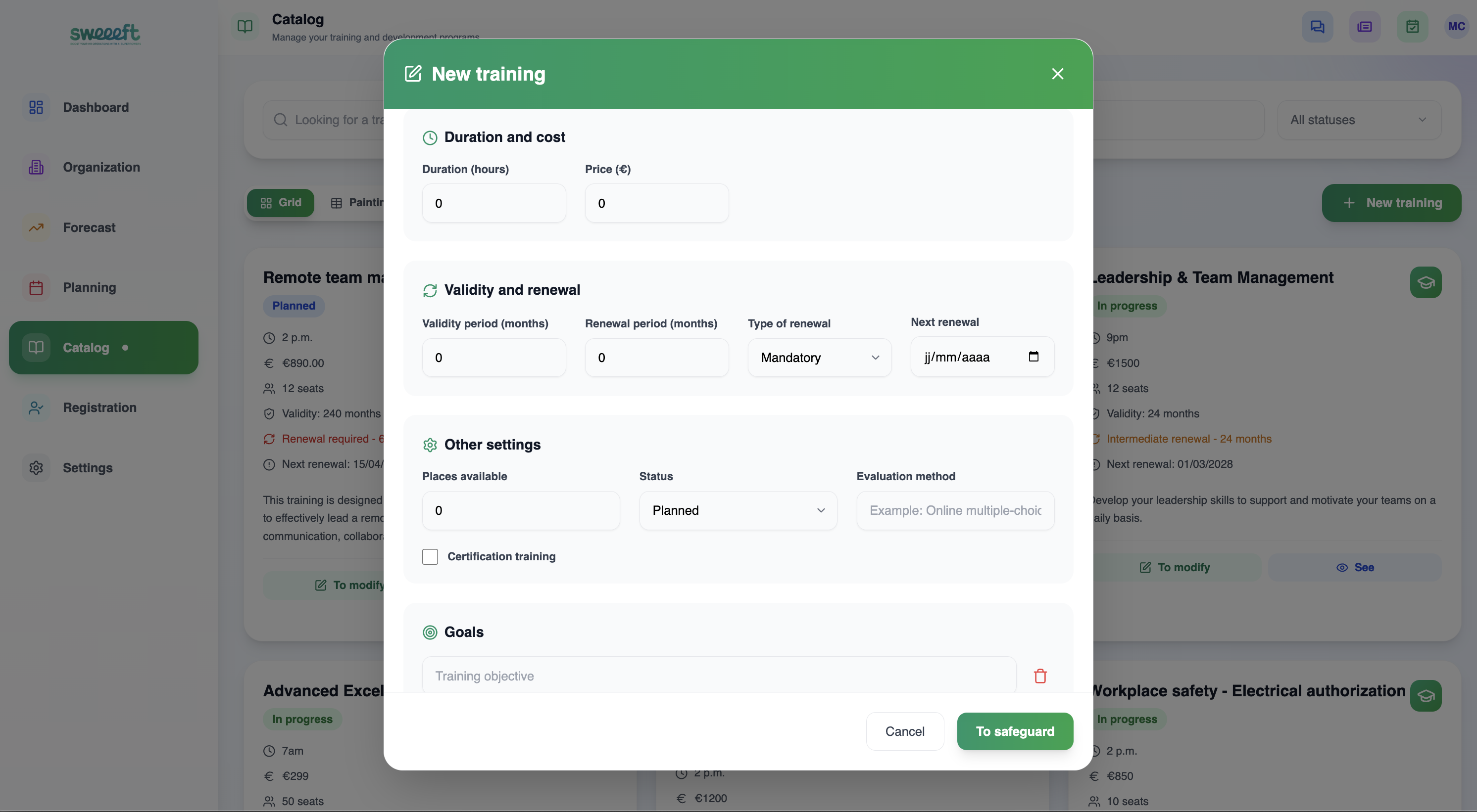 Nouvelle session — Formulaire de création avec formation, dates, lieu et formateur