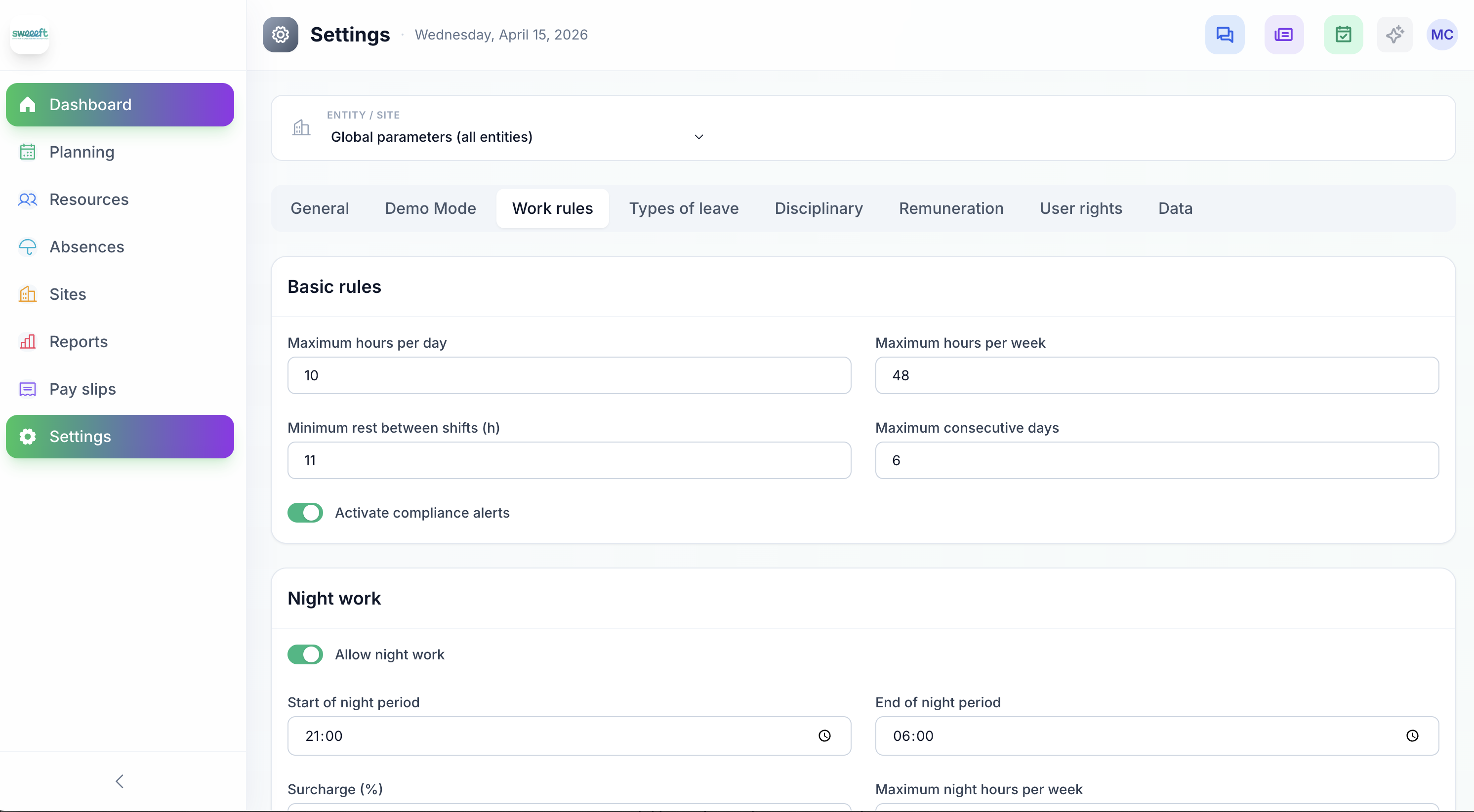 Règles du travail — Configuration des heures max, travail de nuit, repos minimum et travail le dimanche