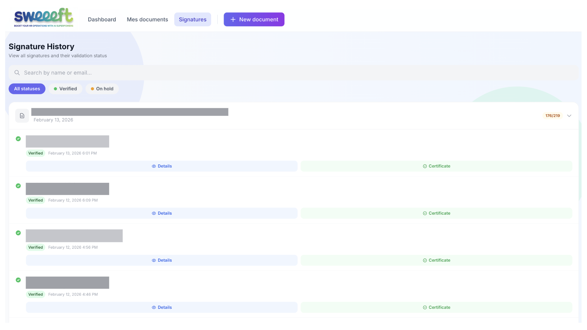 Envoi en lot — Historique des signatures avec suivi par document
