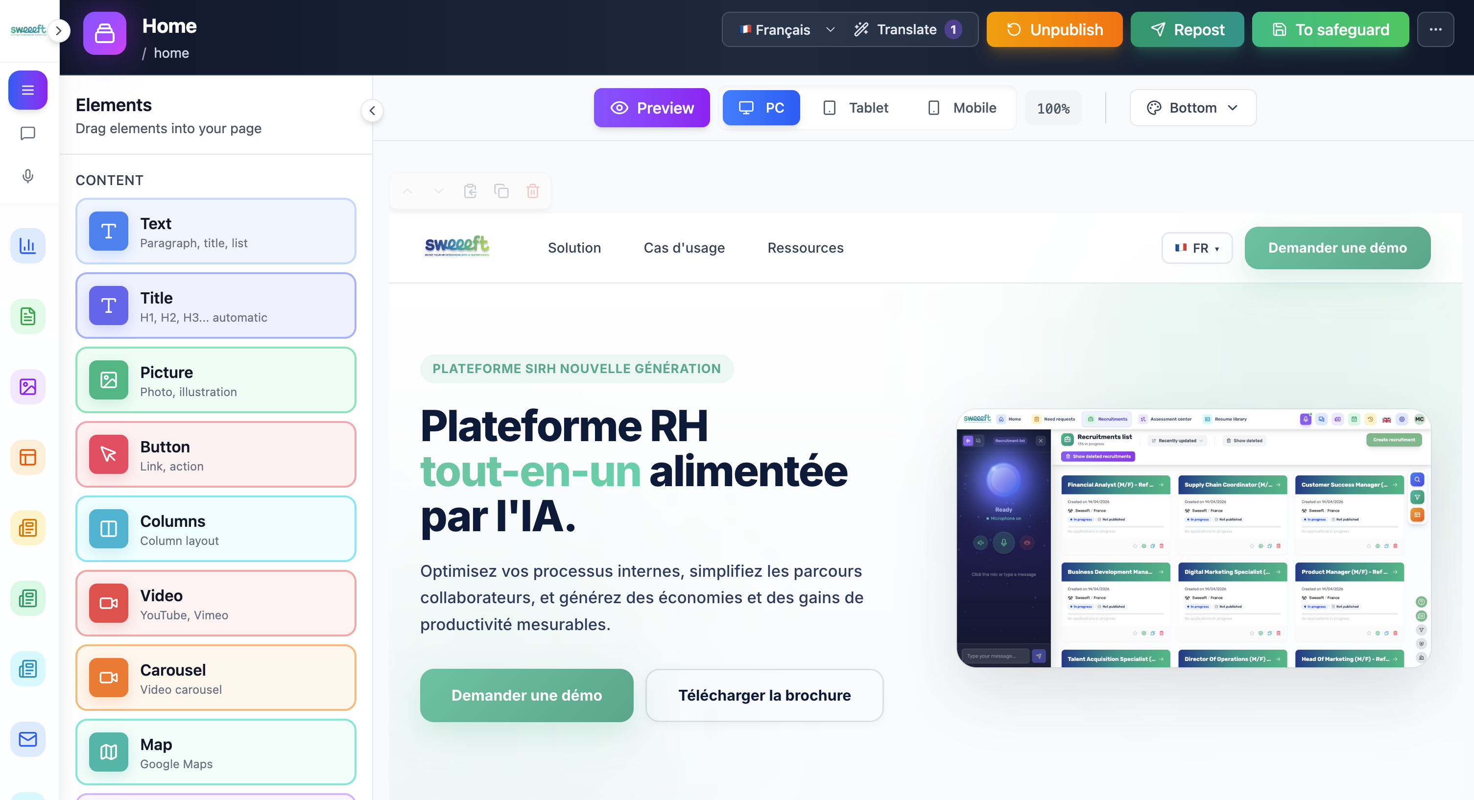 Page builder — Éditeur visuel avec 20+ types de blocs draggables