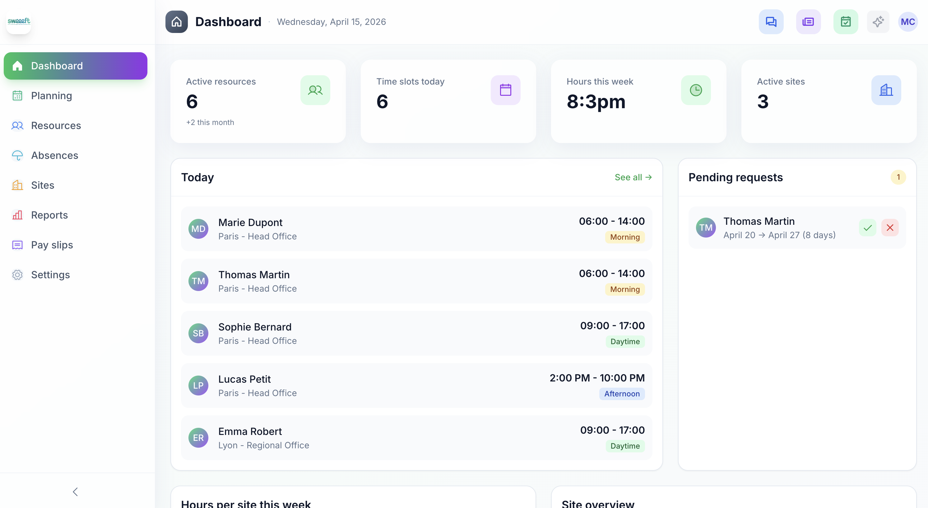 Planning multi-sites — Vue calendrier avec postes et créneaux