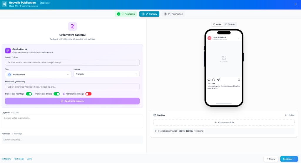 Multi-canal — Création de publication réseaux sociaux avec génération IA et aperçu mobile