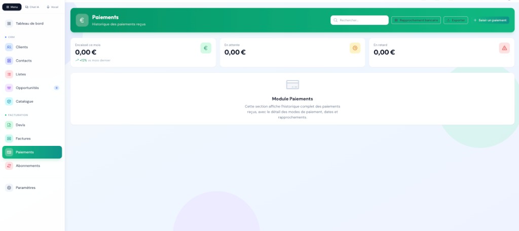 Facturation — Module paiements avec historique et rapprochement bancaire