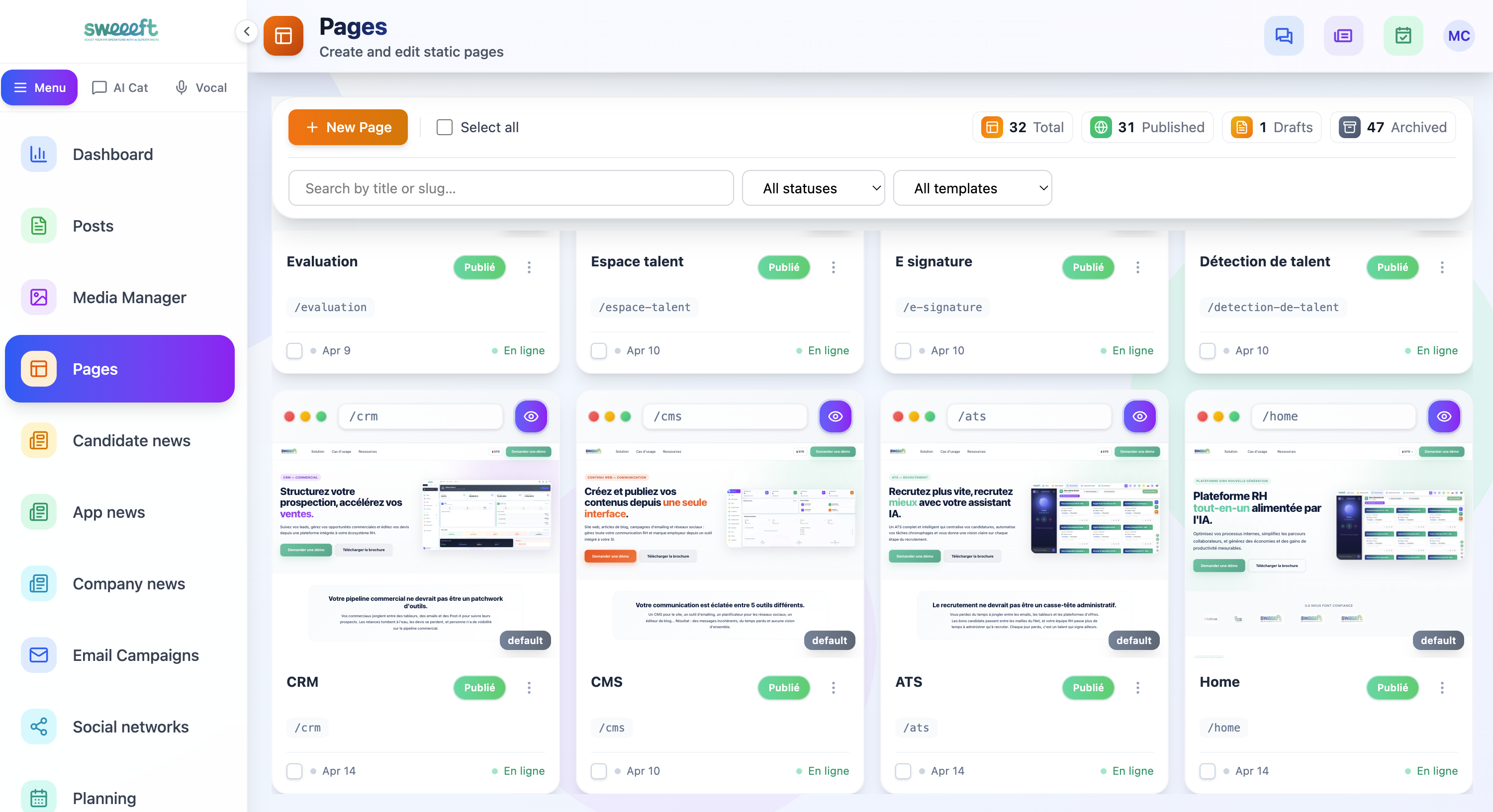 Éditeur de contenu — Dashboard CMS avec articles, statistiques et actions rapides