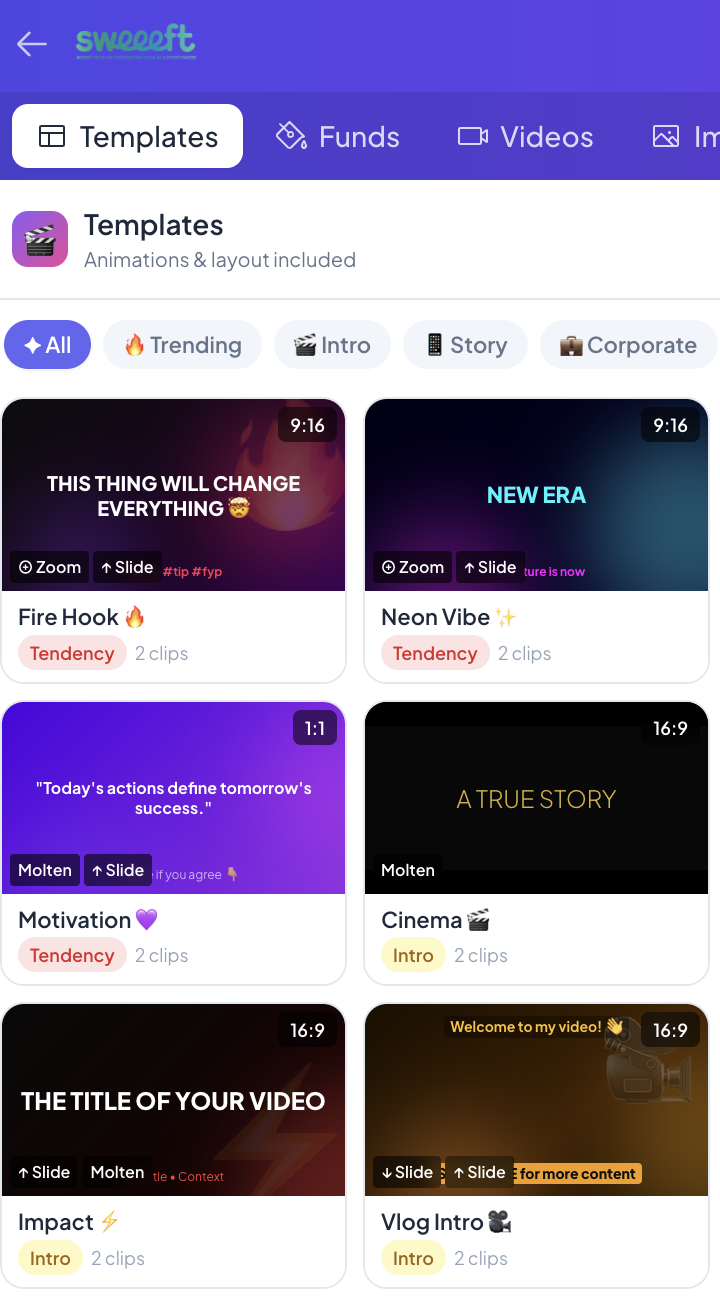 Templates vidéo — 12 templates par catégorie avec animations et formats multiples