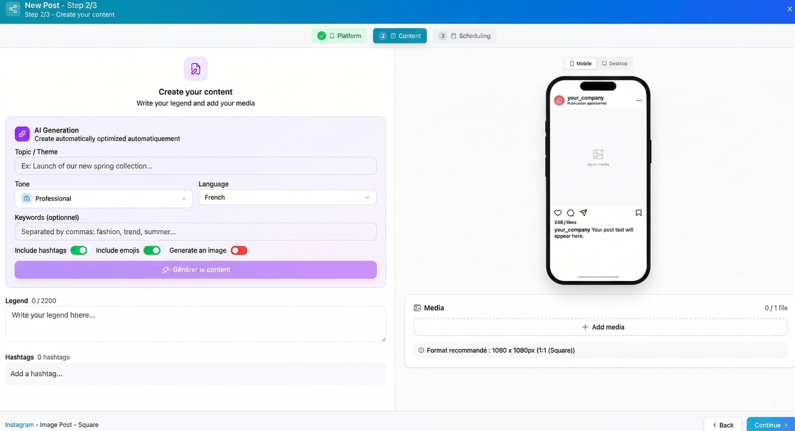 Multi-channel — Social media post creation with AI generation and mobile preview
