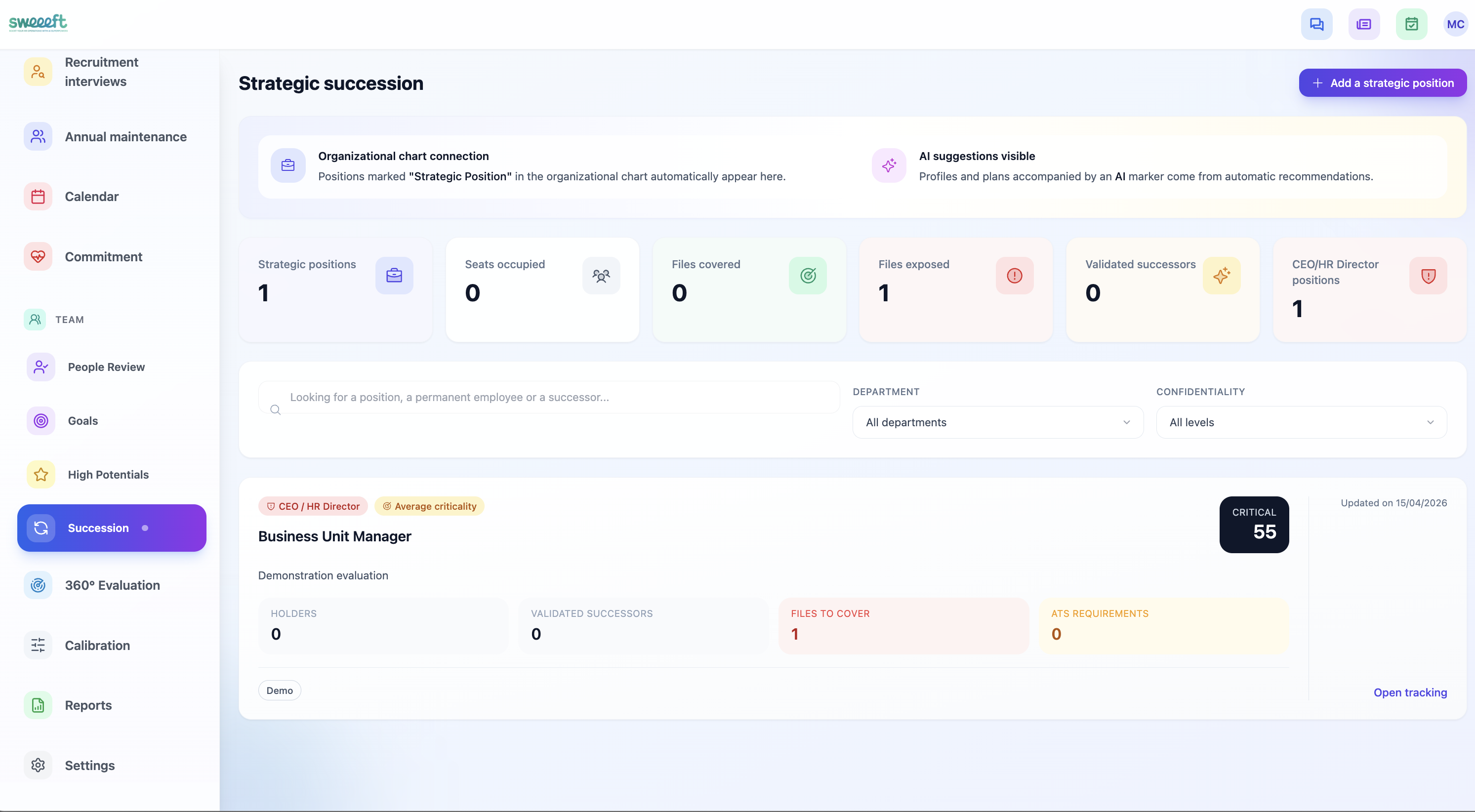 Succession stratégique — Dashboard postes critiques, alertes et dossiers de succession