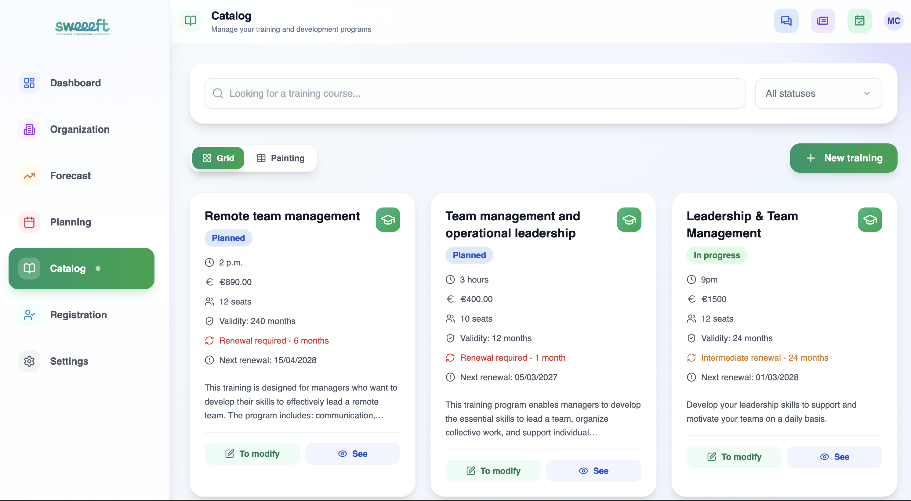 Catalogue de formations — Gestion des cours avec durée, prix, validité et statuts