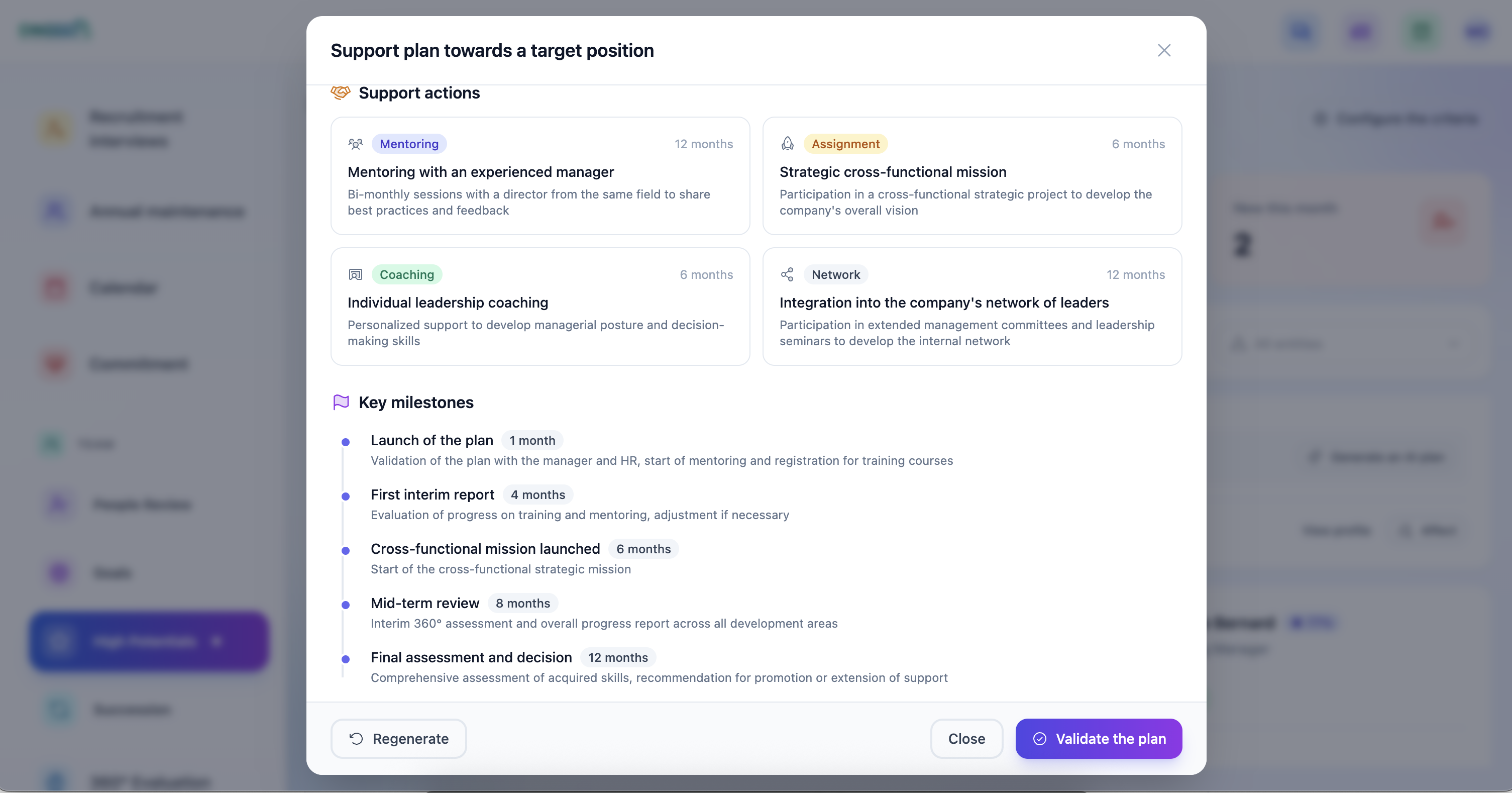 Plan d'accompagnement — Formations recommandées, actions de mentorat, coaching et jalons clés