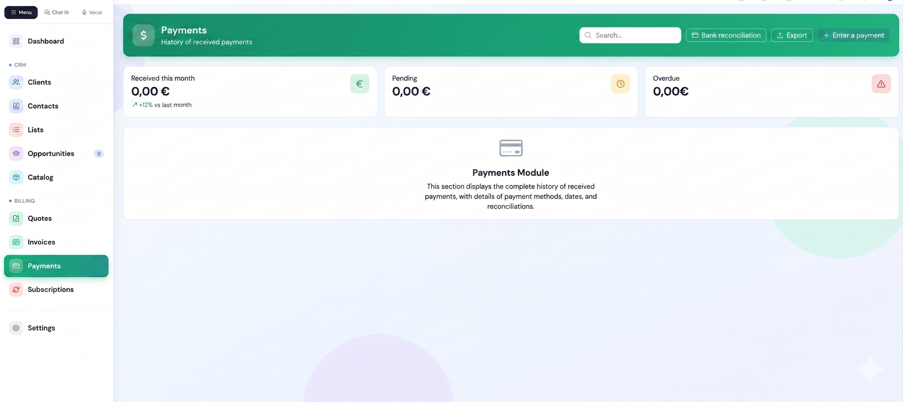 Billing — Payments module with history and bank reconciliation