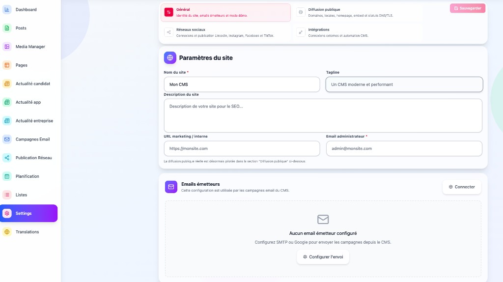 Gestion du site public — Paramètres, domaines et emails émetteurs